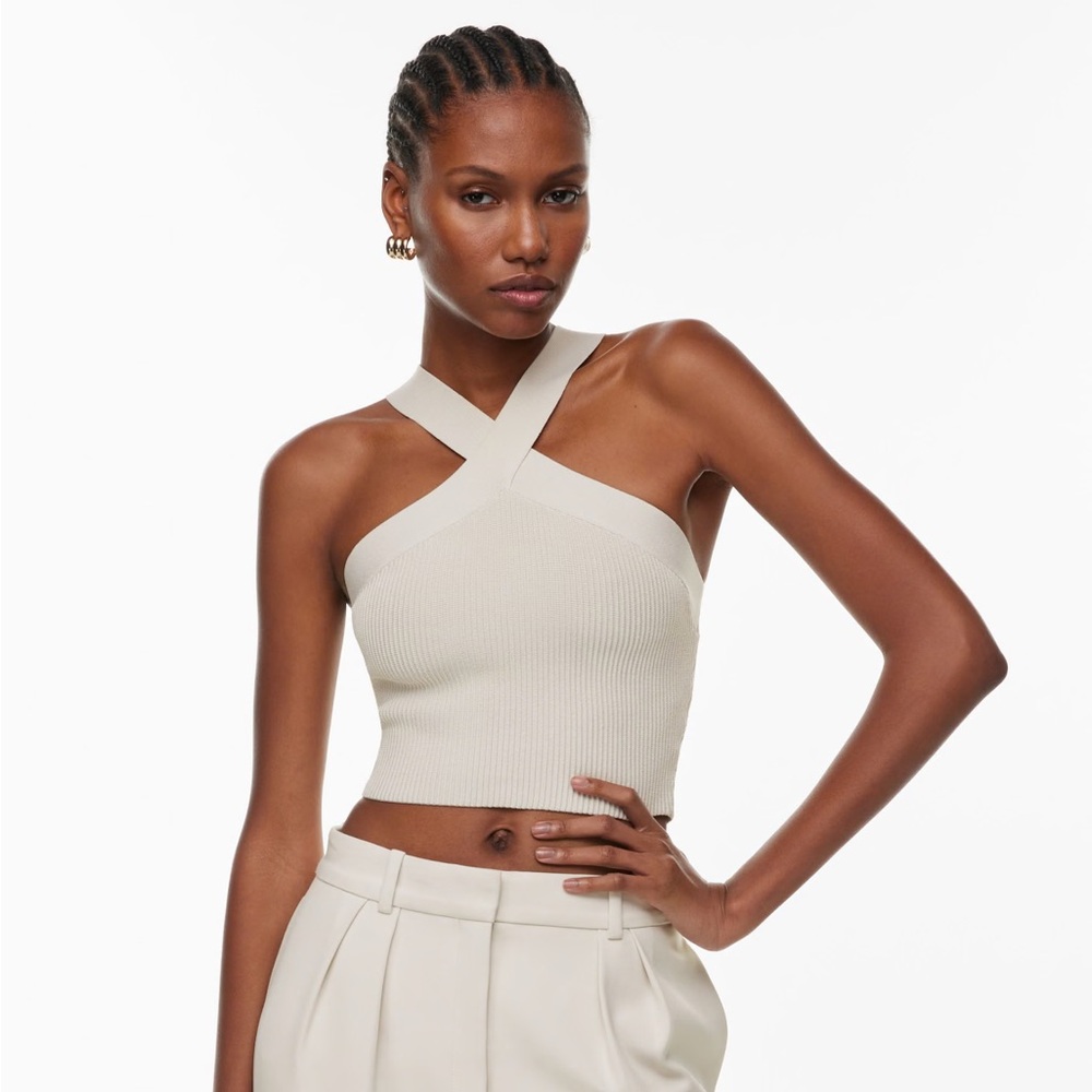 Babaton Cream Cross-Neck Ribbed Crop Top